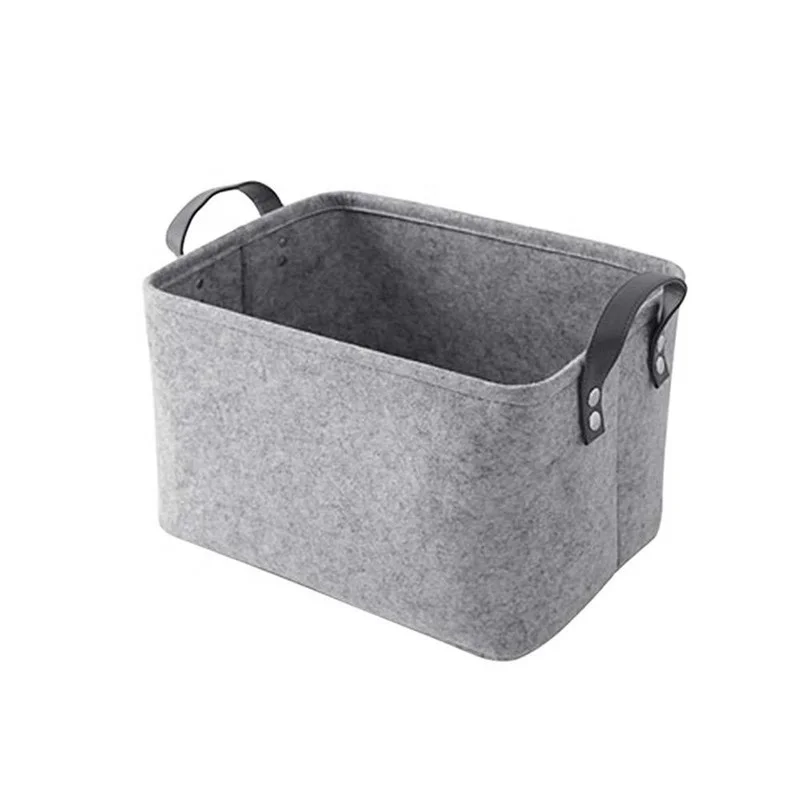 Foldable And Durable Gray Felt Cloth Portable Storage Basket Dirty Clothes Storage Box for Toy with PU Leather Handles