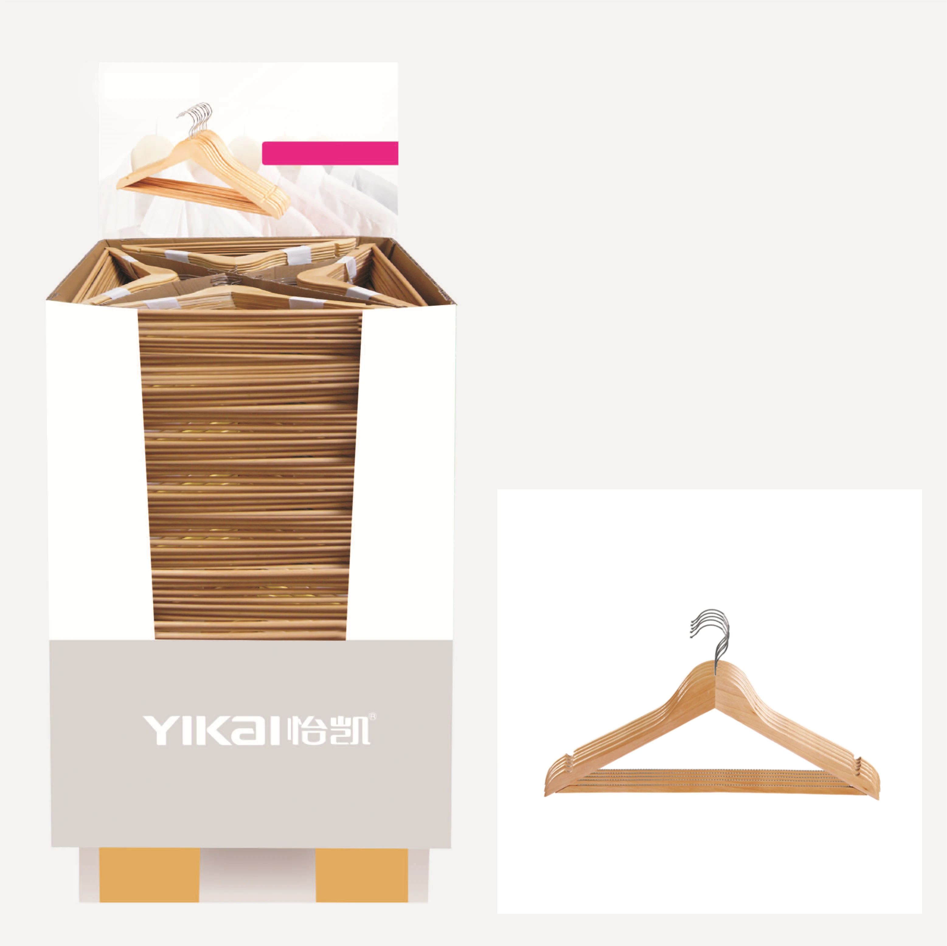 YIKAI Natrual Wood Hangers with Non-slip Clear Rubber Bar Hanger Grip Adhesive Clothe Hanger