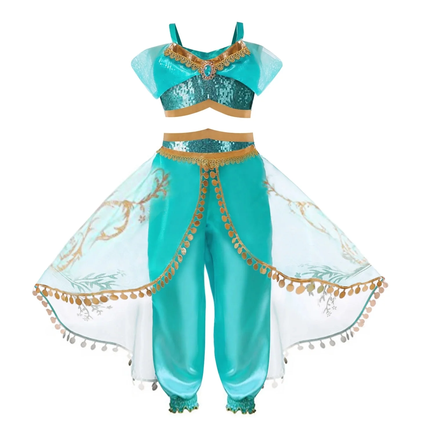 
Aladdin Cartoon Cosplay Costume Sequin Top And Sadin Pants 2-Piece Suit Princess Jasmine Clothing 