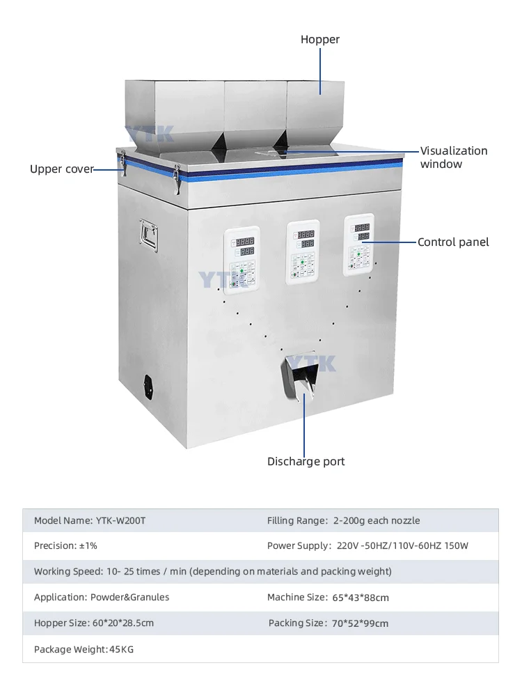 YTK-W200T Factory price triple weighing scale type dosing filling machine for powder granule particle small snacks parts