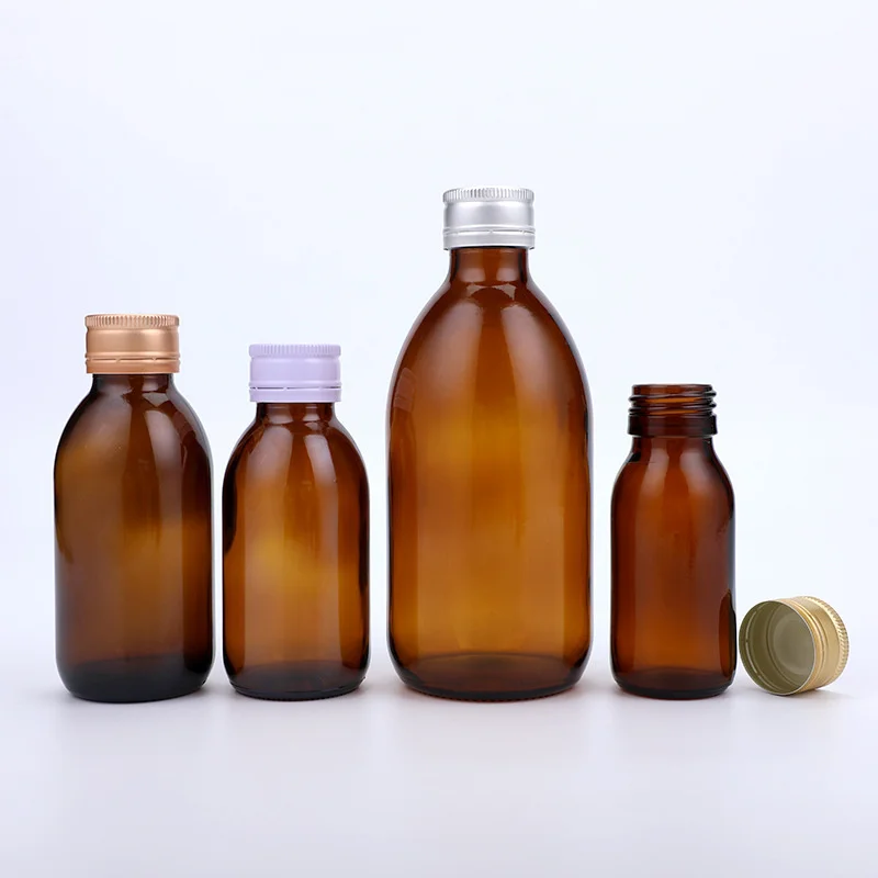 wholesale 100ml 125ml 250ml 500ml maple syrup glass bottle amber glass medicine bottle  with metal lid
