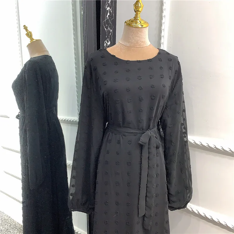 
latest women Dubai solid Muslim high waist plus size crew neck Gauze bow maxi abaya long dress 