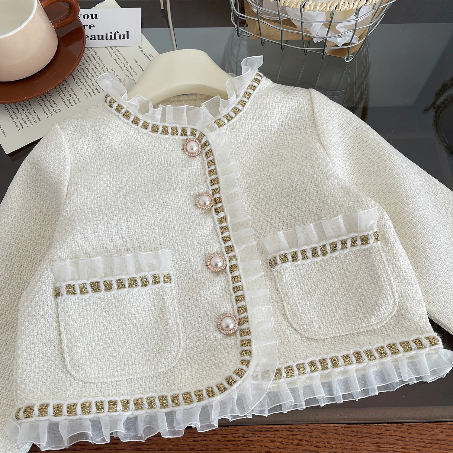 2024 New Children Girl Beige Jacket + Pleated Skirt 2 pcs Prppy Clothing Set 2-7 Years