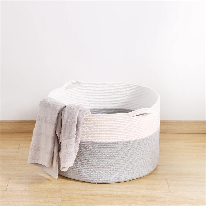 Large Woven Coil Storage Container Foldable Cotton Rope Laundry Basket with Handles