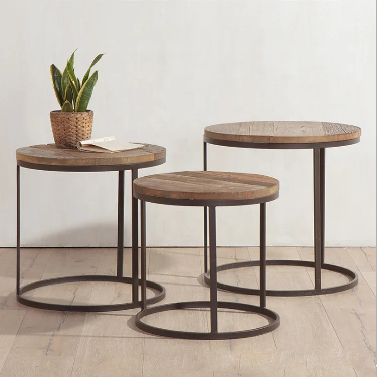 Metal frame solid wood top industrial corner round vintage table round end table for living room home furniture