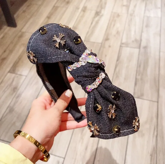 Runfuduo handmade viscose Heavy duty Denim Jeans fall 2023 bow headband hair clip