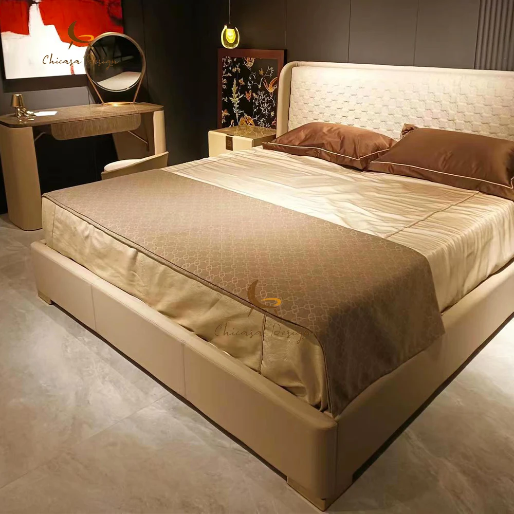 Factory customization bed high-end brand luxury bedroom  whole set dressing set Italy design genuine leather/microfiber bed