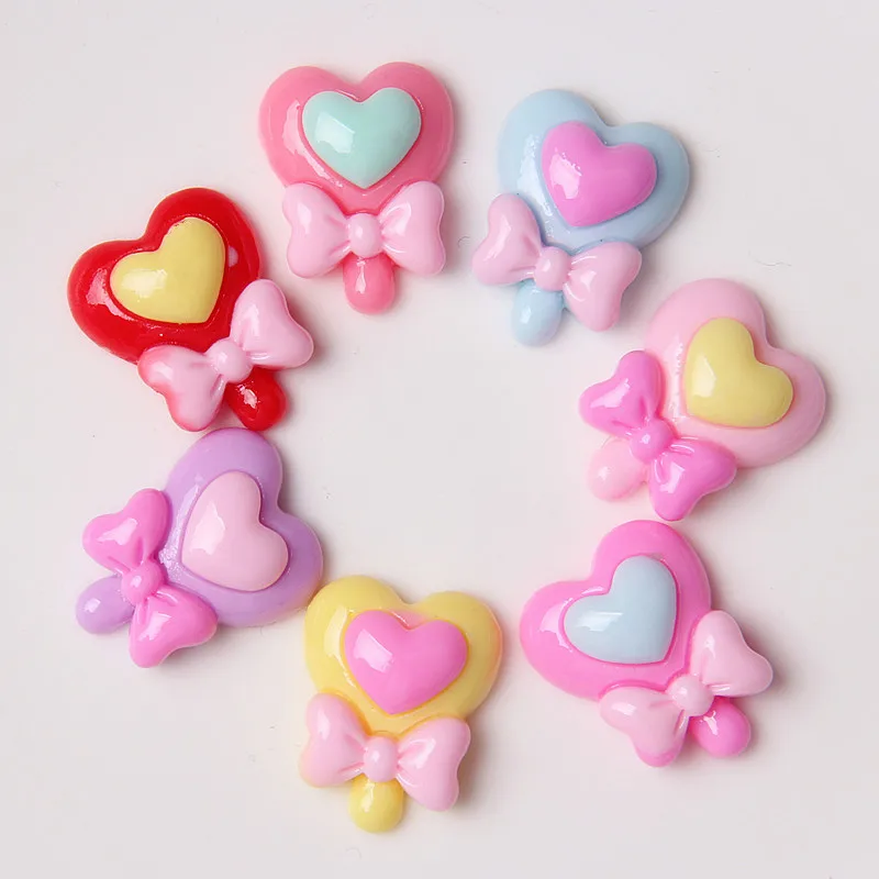 Sweet Heart Bowknot Lollipop Candy Resin Flatback Kawaii Craft Supplies Resin Cabochons Artificial  DIY Crafts Making