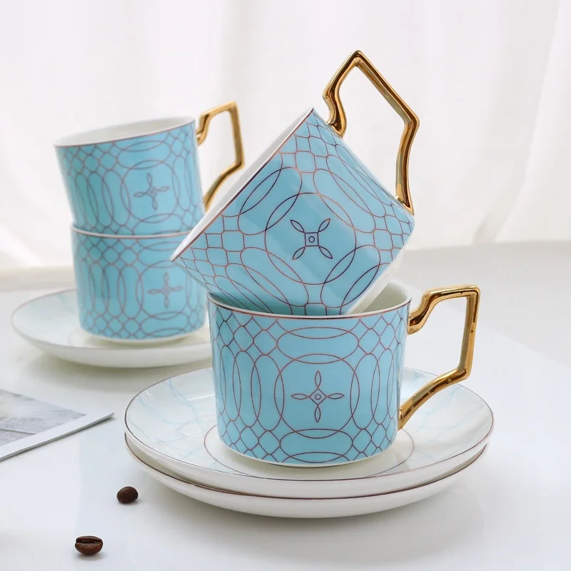 Hot Sale English Afternoon Blue Porcelain Tea Pot Set Modern Design with Gold Rimed Bone China Tea and Coffee Collection