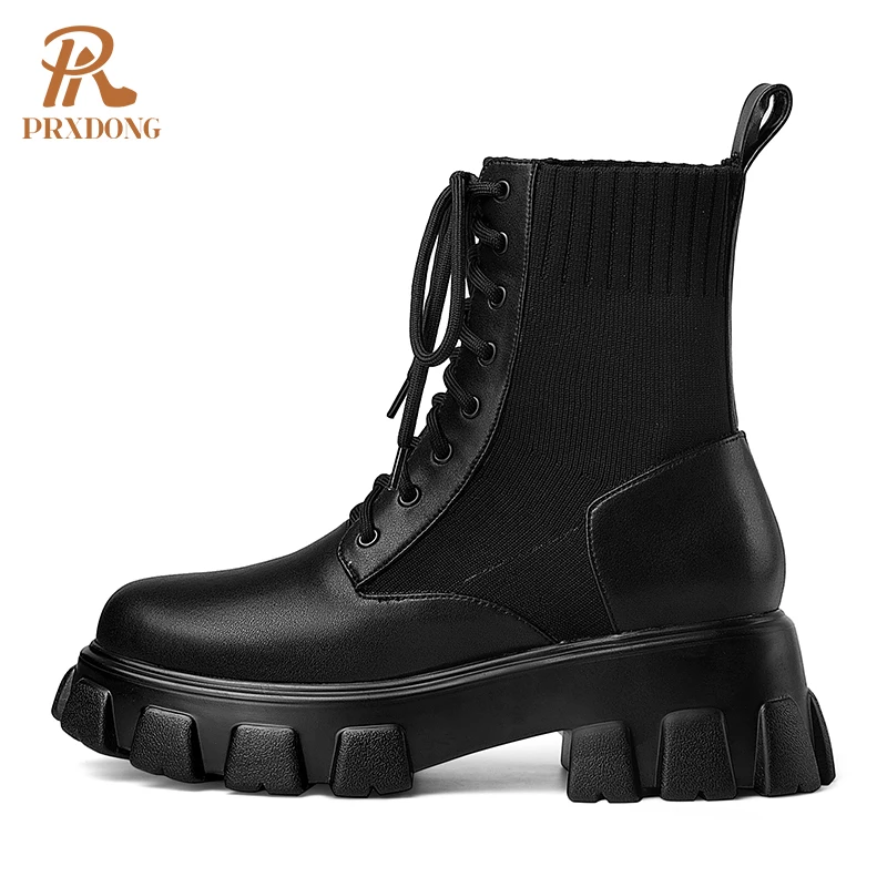 2021 Winter Sock Boots Lace Up Knitting Shoes Platform Women Ankle Boots Thick High Heels Cross-Tied Casual Concise Party Shoes