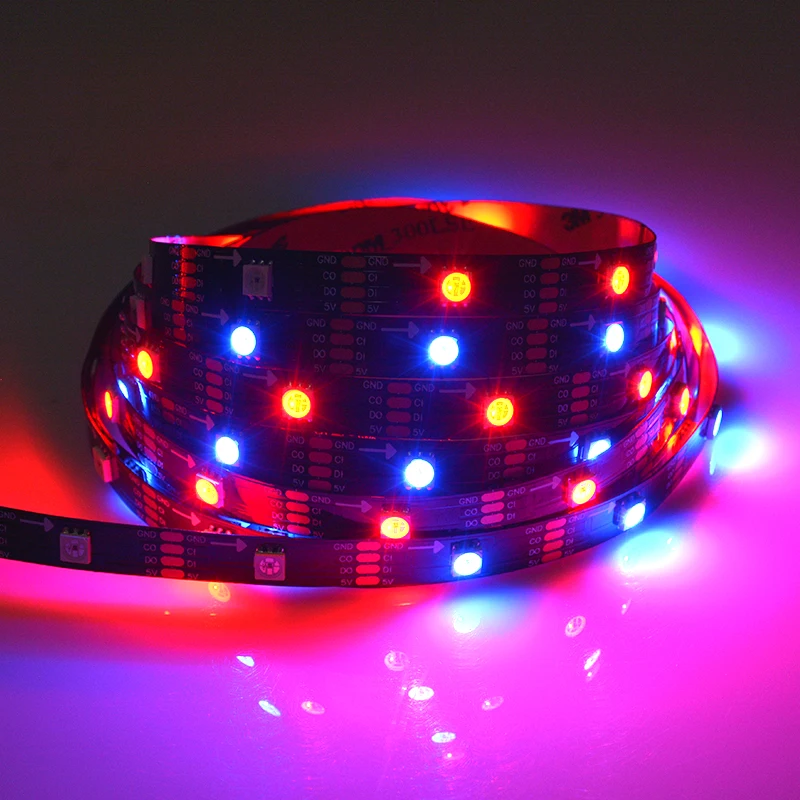 CE RoHS FCC PSE certified 30LED/m HD107S /APA102 Addressable RGB LED Flexible Strip Black Color PCB Addressable LED Strip