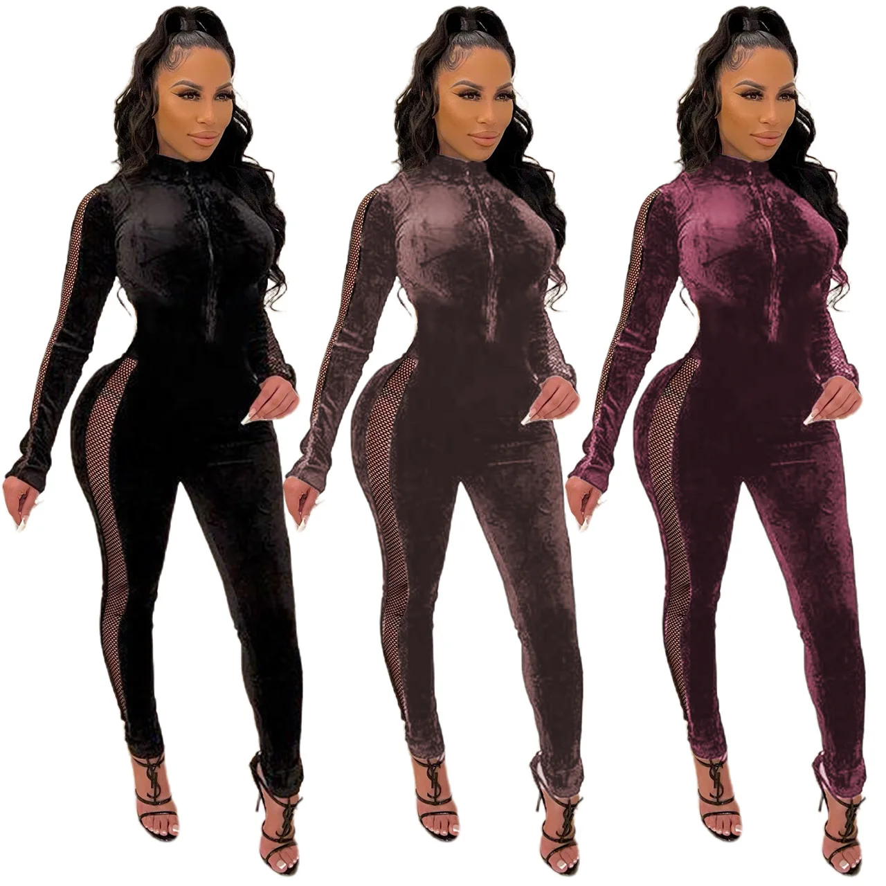 New Arrival Solid color thicken Velvet mesh splicing women bodysuits fall long sleeve Zippers velvet jumpsuit woman