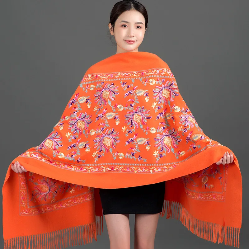 Chinese Embroidery Embroidery Scarf Women Autumn Winter Ethnic Style Cashmere Fringe Embroidery Thick Warm Shawl
