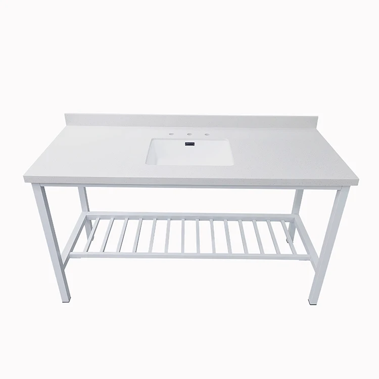 Stainless Steel Bathroom Vanity with Single Sink Quartz Top White Metal Base Open Shelf