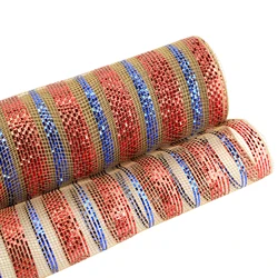 Huihuang Factory Custom Deco Metallic Mesh Foil Striped Plaid Mesh Rolls For Diy Independence Day Project Wreaths Party Decorate