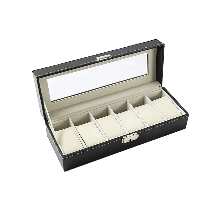 Custom Logo Classic PU Leather 6 Watches Packaging Box With Lock and Glass