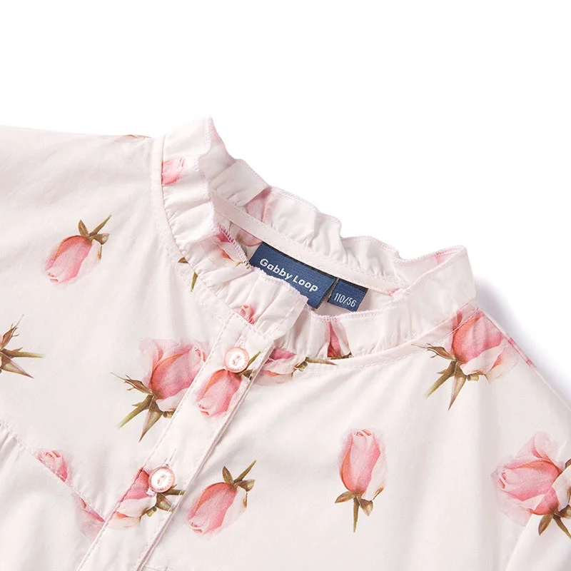 
Gabby Loop Kids Autumn Girls Ruffle Long Sleeve Flower Printed Button Down Shirts Princess Cotton Soft Tops Kid Blouse Children 
