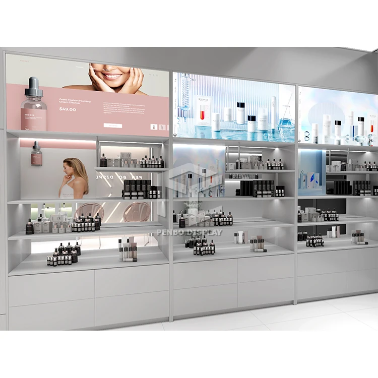 Health Care Products Furniture Manufacturing Custom Cosmetic Skin Care Shop Design Decor Wooden Pharmacy Display Shelves Design