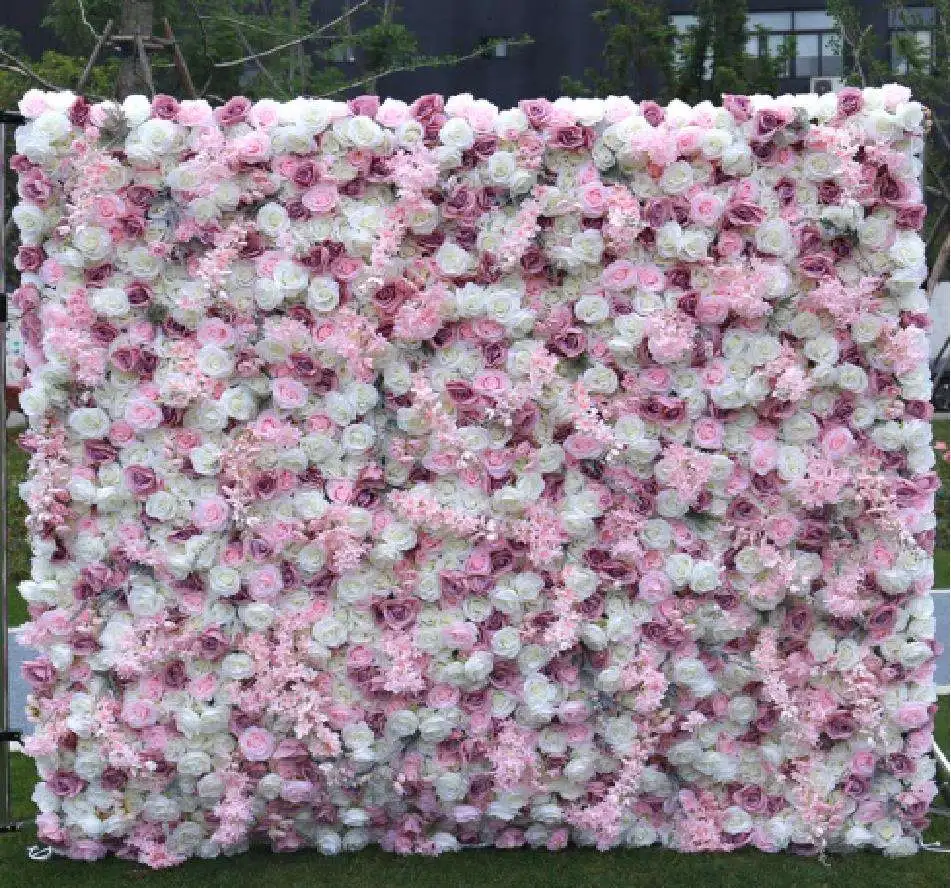 BD015 Wedding Decor Flower Panel Roll Up Cloth Back White Rose Artificial Flower Row Wall Backdrop Decor