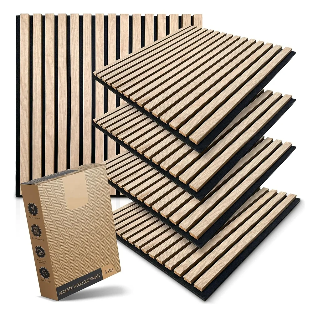 4 Pieces Square 3D Wooden Acoustic Panels Natural Oak Veneer Acoustic Wood Slat Panels for Interior Wall And Ceiling Decor