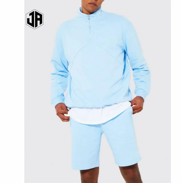 jersey 2 piece athleisure set simple streetwear set mens heavyweight half zipper jumper and shorts tracksuit