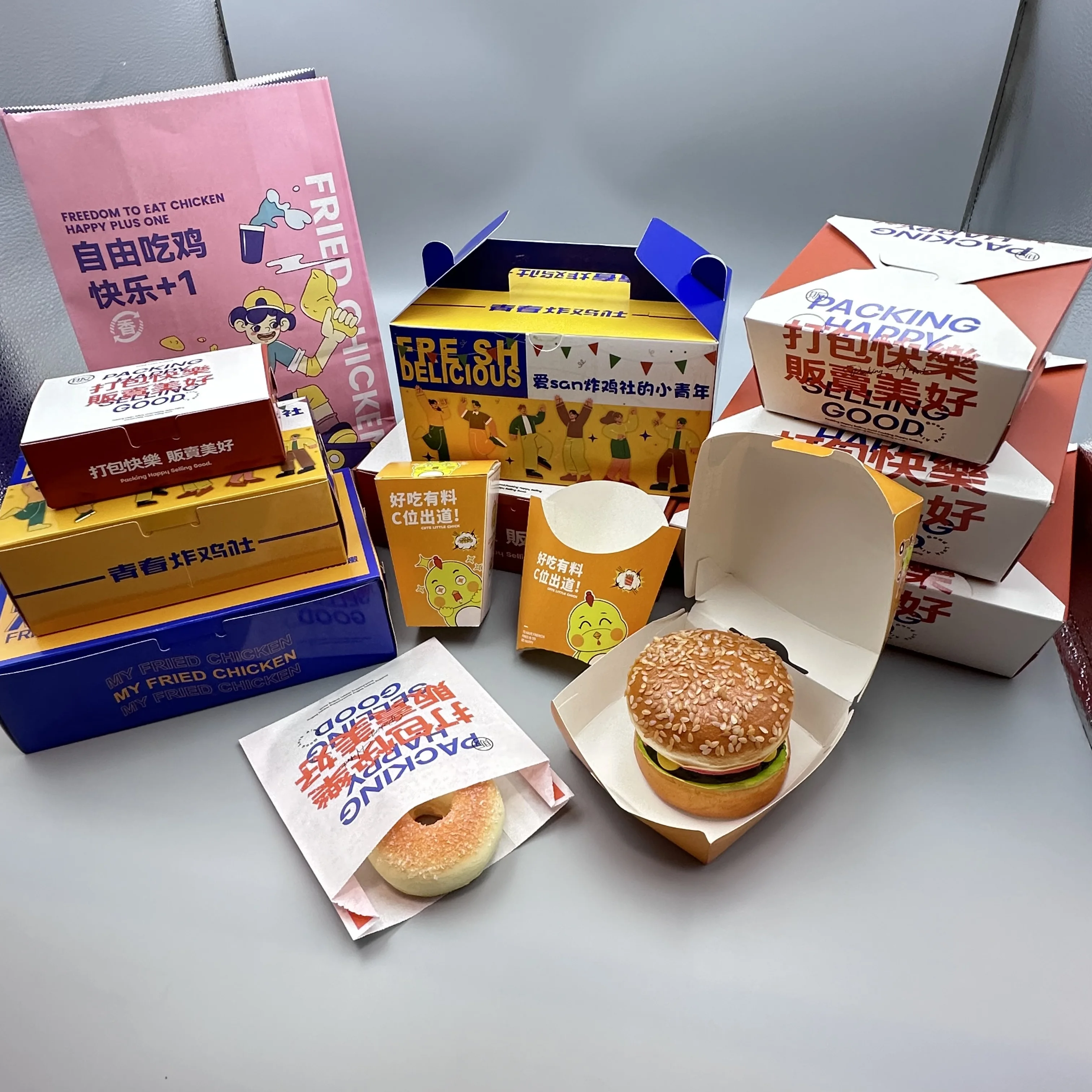 High Quality Custom Brand Design Fast Hamburger Takeaway Food Packaging Pillow Shawarma Clamshell Paper Burger Box