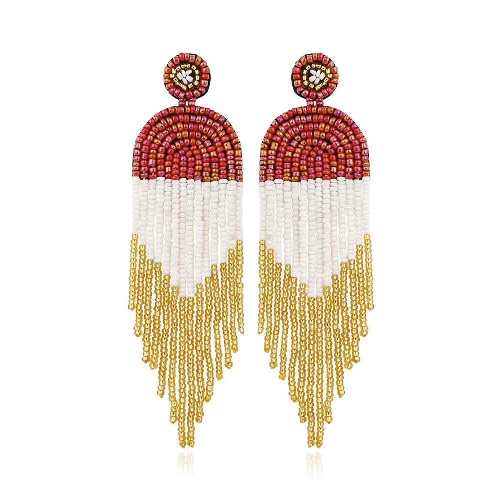 2024 2022 Native American Handmade Bohemia Jewelry Stainless Steel Miyuki Seed Beads Tassel Dangle Hoop Earring Set for Women