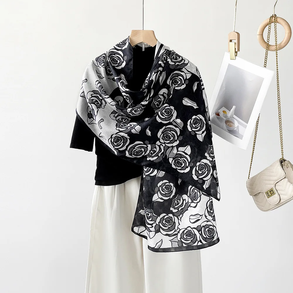 Black Brocade Outdoor Custom screen Digital printed silk scarf design beach brocade long shawl for women foulard en soie