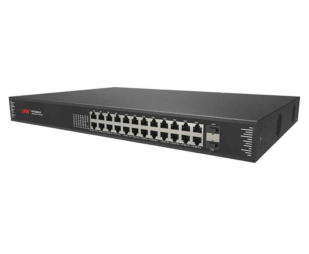 Unmanaged PoE fiber switch with 24*10/100/1000M RJ45 ports and 2*1000M uplink SFP fiber ports for monitor