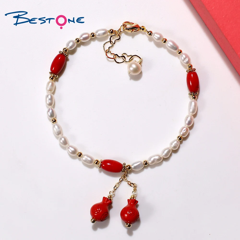 Bestone Red Sea Bamboo Beads Natural Fresh Water Pearl Bracelet with Cinnabar Lucky Bag Charm Stone