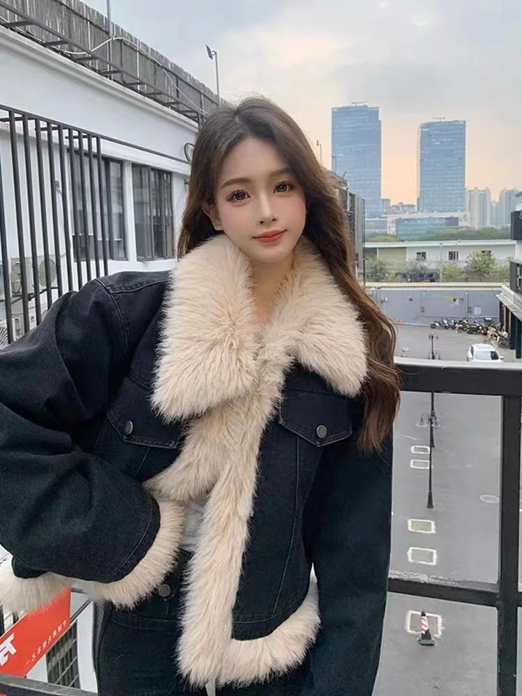 Hot selling short denim paneled wool top with thick cotton clothing autumn and winter new plush fur coat for women