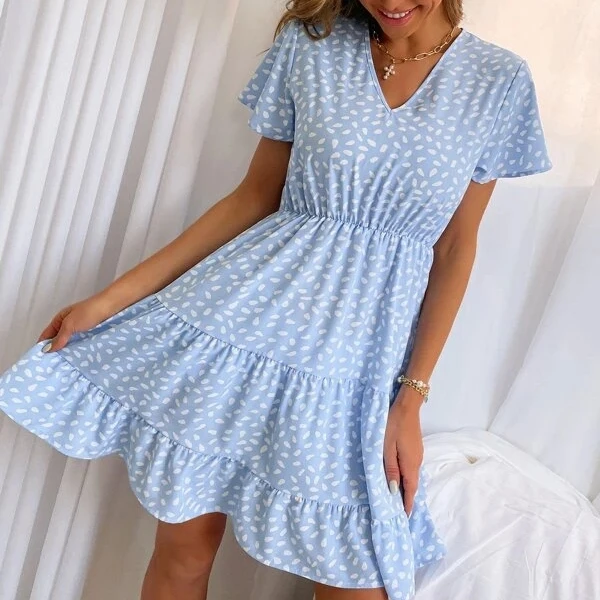 Новинка лета 2021, шифоновое платье с коротким рукавом, платье-трапеция с оборками на Подоле и принтом