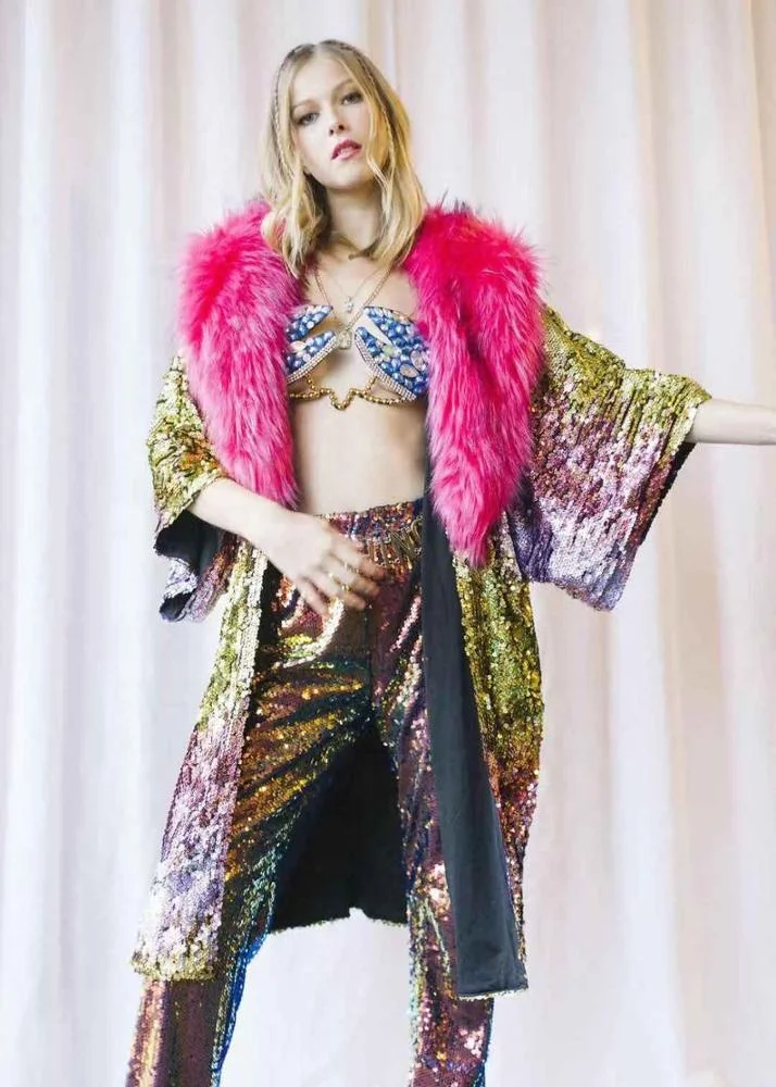 ready  drop shipping lady women fashion stage  performance concert  party  discolour sequins  amazing long hiphop luxury coat