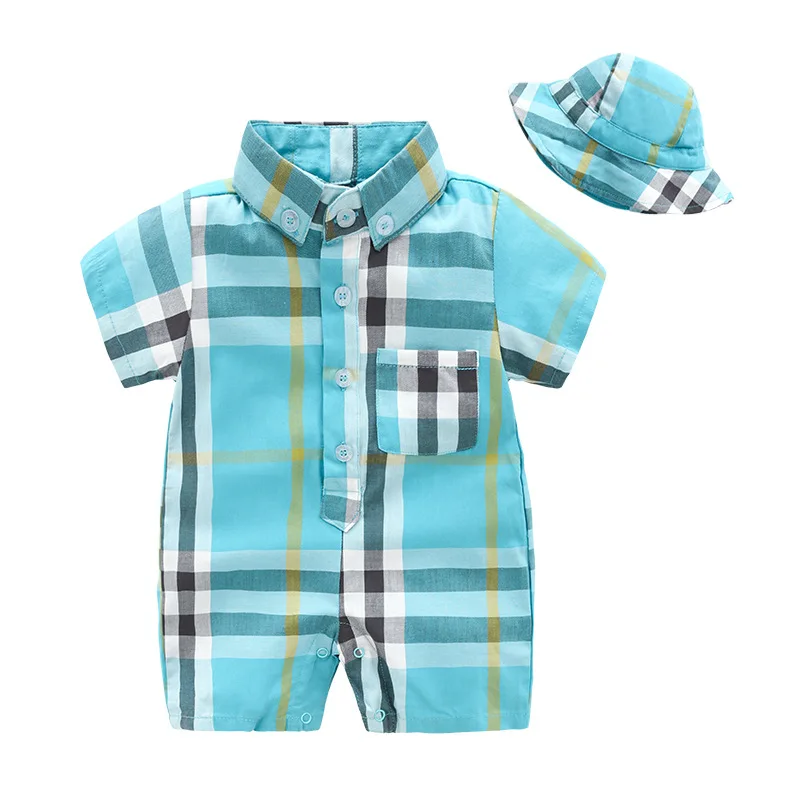 2pcs short sleeve plaid baby clothes set 100% cotton baby jumpsuit with hat for summer