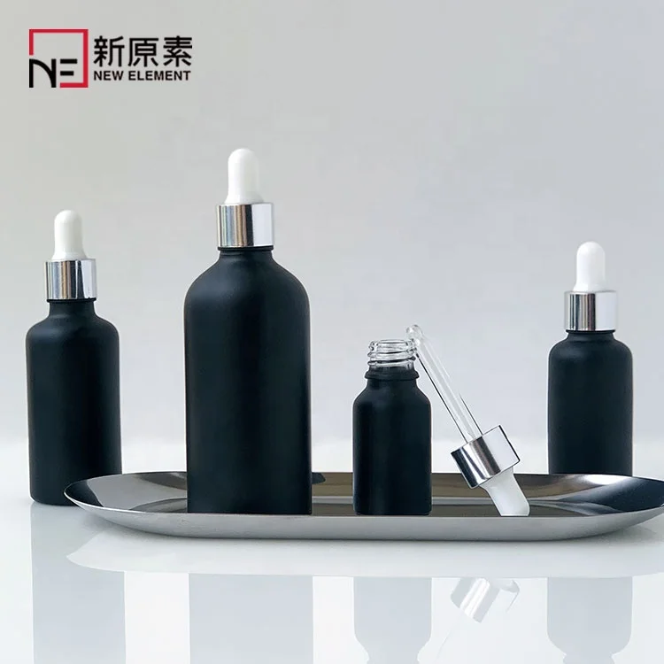 frosted black cosmetic 5ml 10ml 15ml 20ml 30ml 50ml 100ml oil glass dropper bottle for hair products with silver white dropper