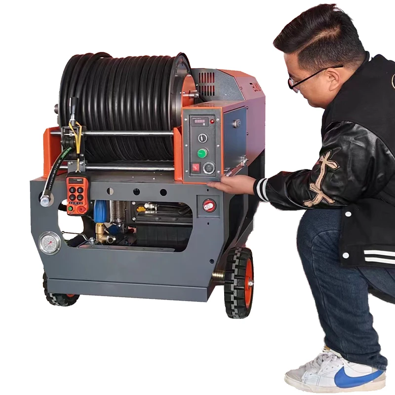 2024 New customized side hose reel 70lpm 200bar drain jetting machine Italian AR pump Mobile with wheels sewer cleaner