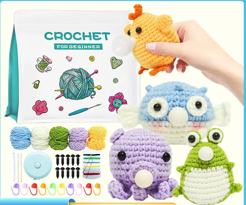 Crochet Kit for Beginners,4 Pattern Octopus, Chick, Frog, Globefish for Kids Adults, Crochet Starter Kit with Video