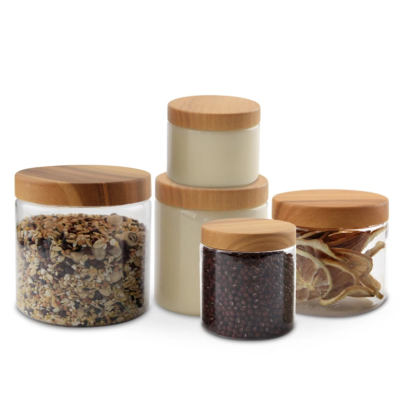 Wood grain lid transparent  candy bottle Jam food jars plastic storage  Nut bottle honey jars