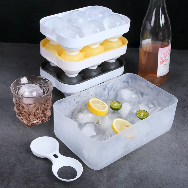 Custom Bpa Free 3D Whisky Sphere Square Cube Maker Freezer 6 Holes Drink Ball Silicone Ice Cube Tray Mold With Lid and Bin