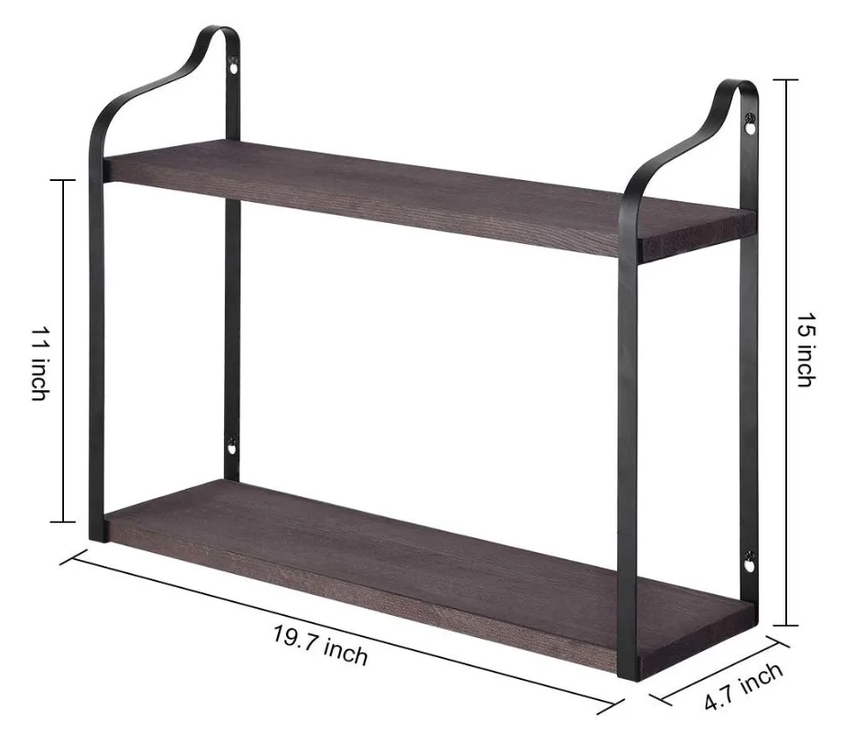 Living Room 2 Tier Wood Metal Storage Shelf Rustic Wall Mounted Bookshelf Floating Shelves