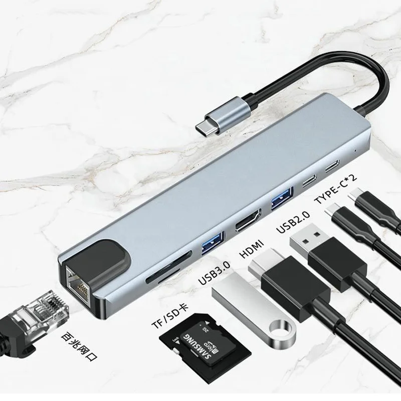 Upgraded 8 in 1 USB C HUB Ethernet Adapter Multiport Adapter Laptop Docking Station 3.0 USB PD TF SD Card Reader RJ45
