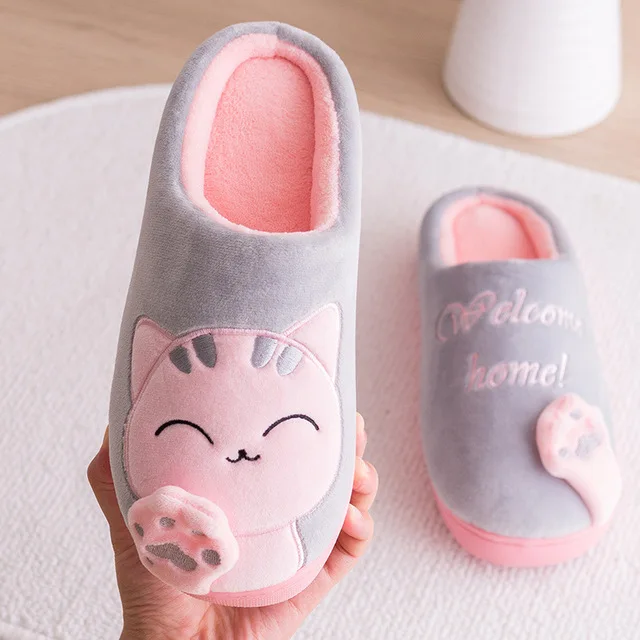 Women Home Slippers Cartoon Cat Shoes Non-slip Soft Warm House Slippers Indoor Bedroom Lovers Couples Floor Shoes.Z0517-1
