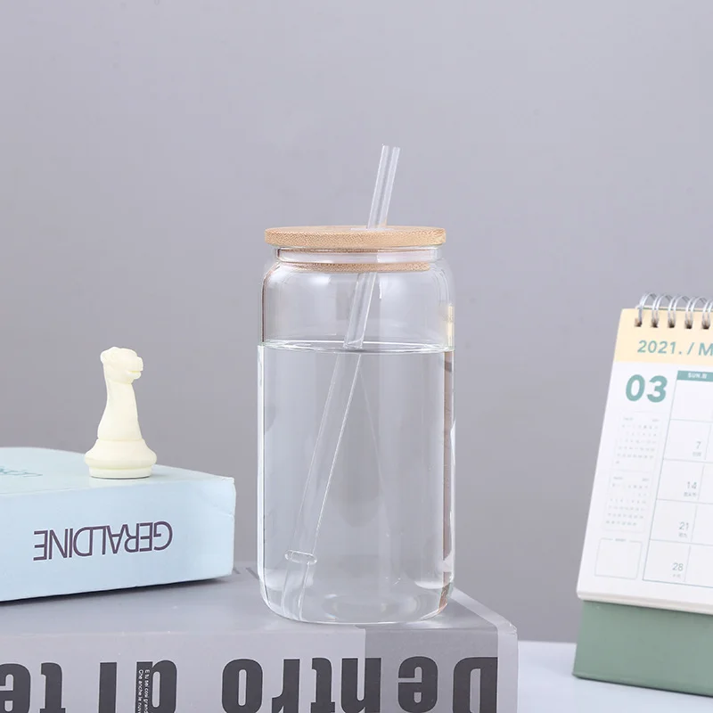 China manufacturer factory price glass coffee cup with straw glass cup with bamboo lid