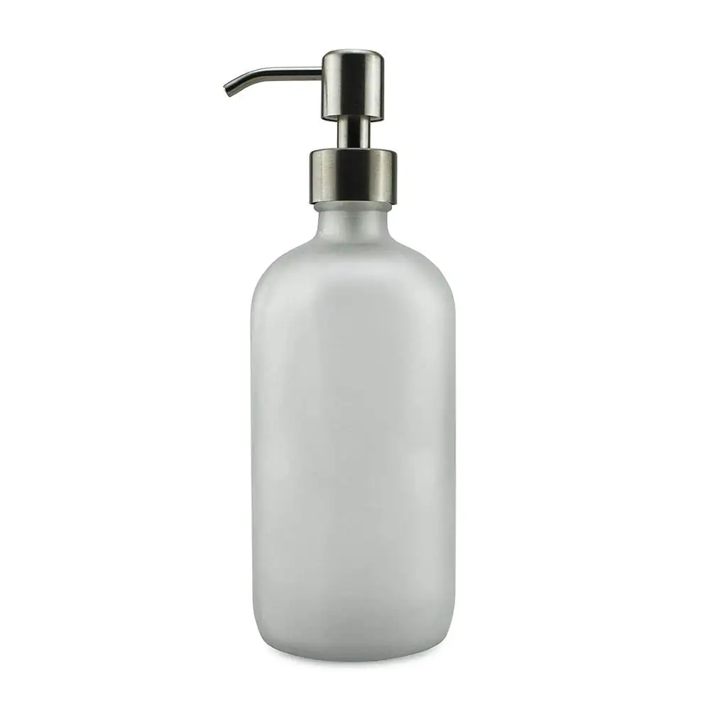 16OZ Round Empty Lotion Pump Bottles Frosted Glass Soap Dispenser With Stainless Steel Pumps
