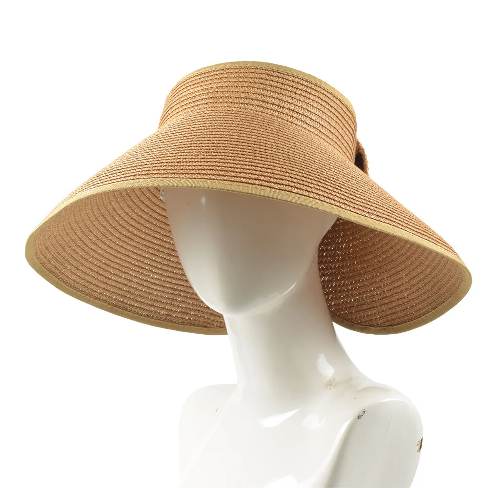 Fashion Women Wide Brim Empty Top Foldable Girl Straw Beach Hats Women Straw Summer Bow Visor Cap