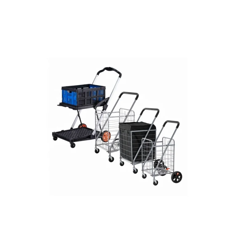 Factory Wholesale Folding Shopping Carts Foldable Supermarket Trolley Metal Basket Grocery Cart with Swivel Wheels