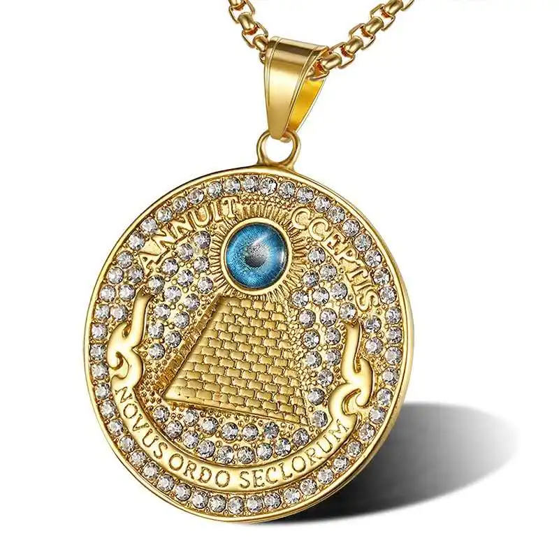 High Quality Diamond Pendant Round Shape Gold Plating God Blue Eye Stainless Steel Necklace