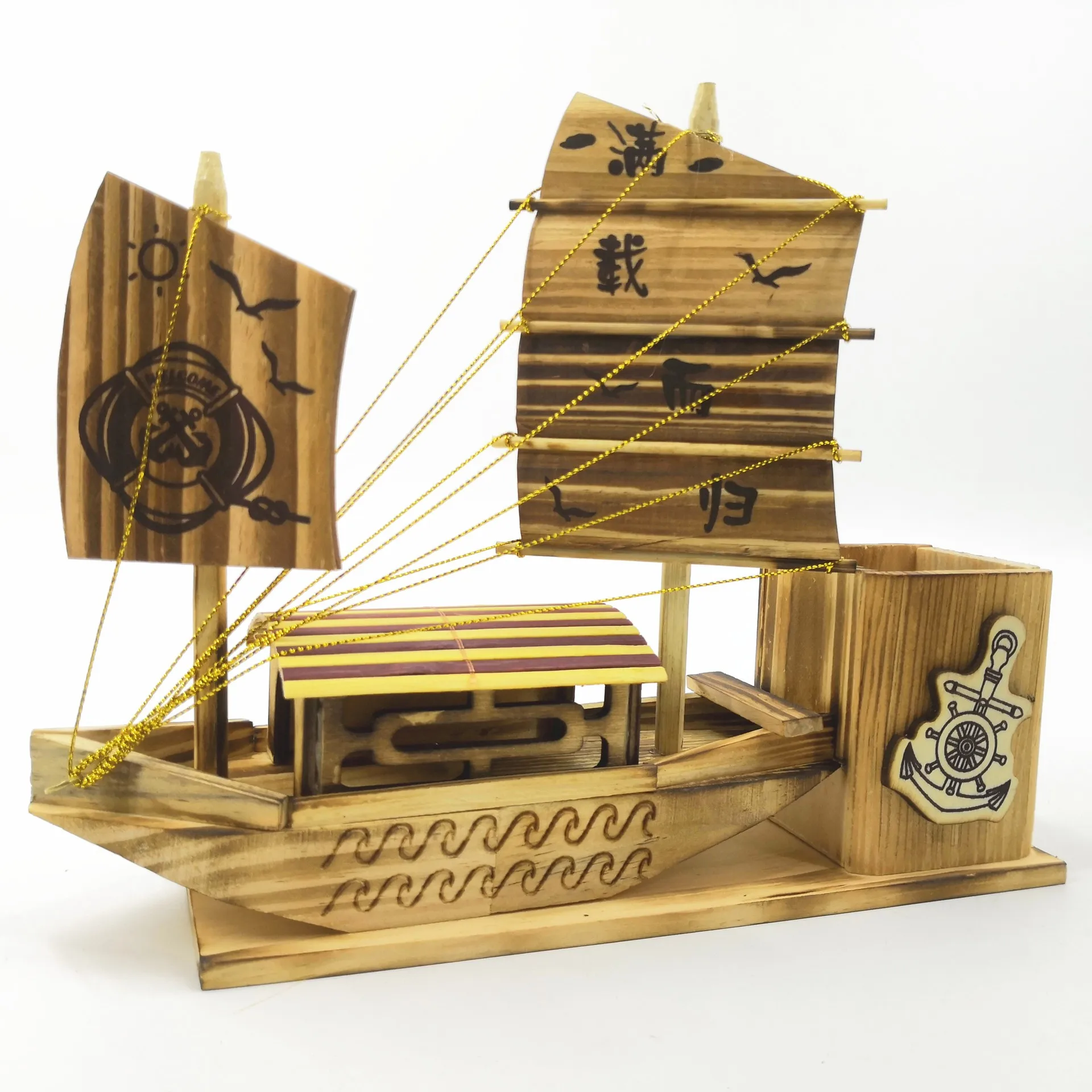 Creative wooden sailboat model pen holder office home decoration wooden handicraft desktop ornaments
