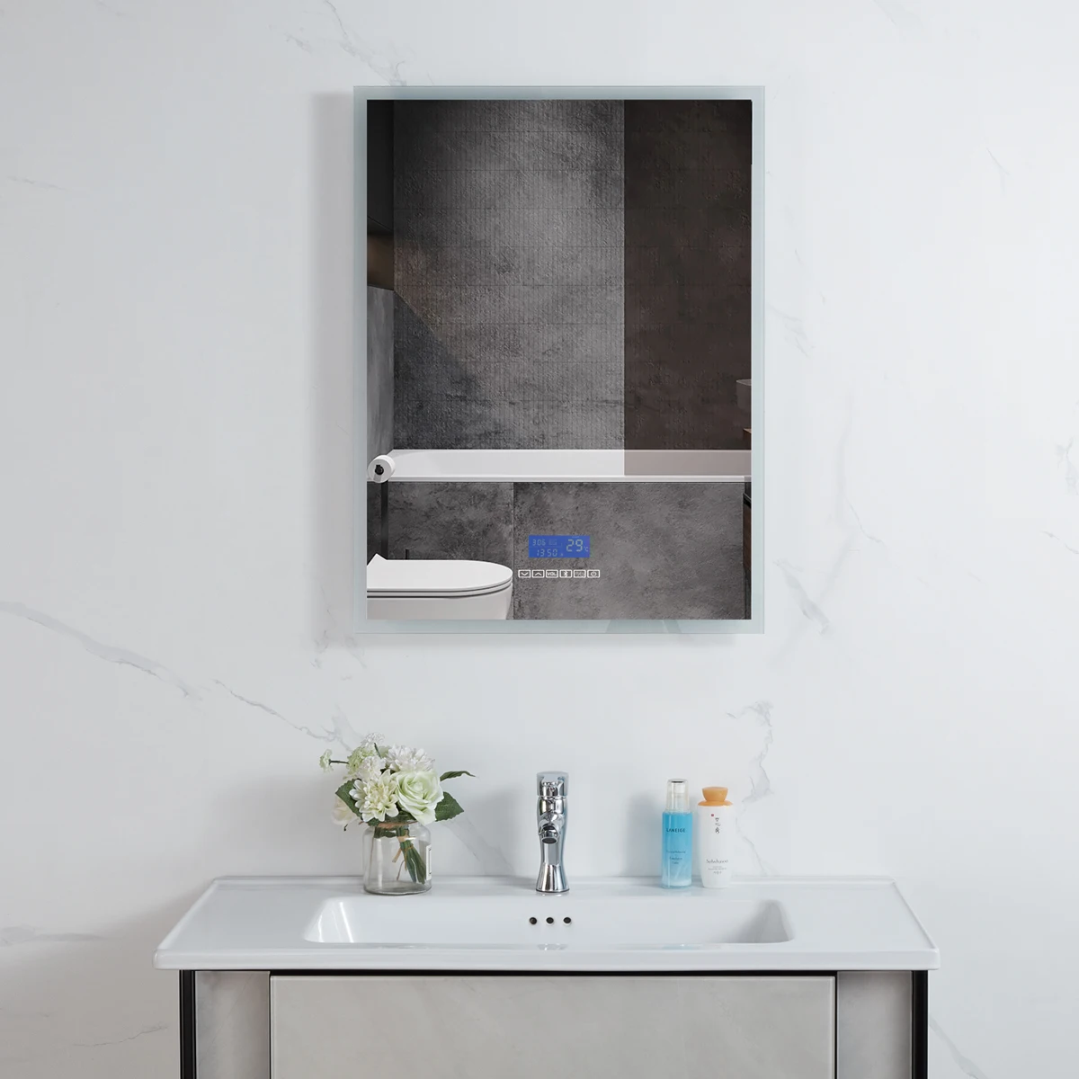 
Hotel Fashion Time Display Smart Bathroom Vanity Mirror With Led bathroom mirror with Defogging speaker 