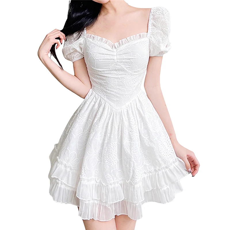 2022 Summer French Women Fashion Lace Short Sleeve Square Neck Ruffle White Mini Chiffon Dress